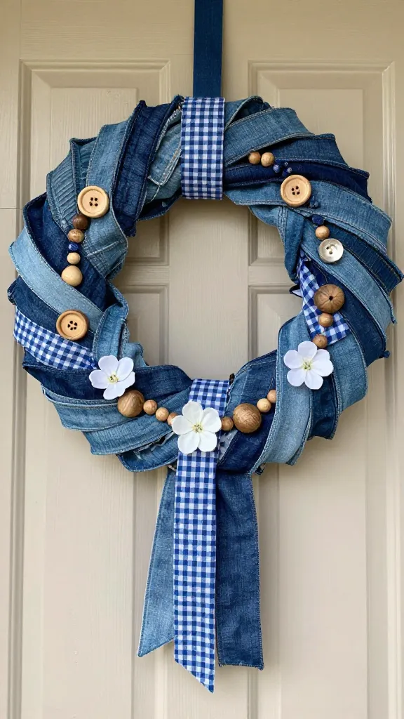 A beautifully crafted DIY Easter door garland, exuding rustic charm and homespun comfort, gracefully draped over a light-colored wooden front door. The garland is intricately woven with strips of various shades of denim fabric—light wash, medium blue, and deep indigo—interspersed with classic blue and white gingham fabric strips. Small, natural wooden buttons and distressed wooden beads are artfully integrated throughout, alongside a few delicate, simple white fabric flowers. The overall aesthetic is cozy, inviting, and reminiscent of Americana country style. Photographed in soft, natural daylight with a shallow depth of field, showcasing rich textures and warm tones. High-resolution, realistic photo, no text.