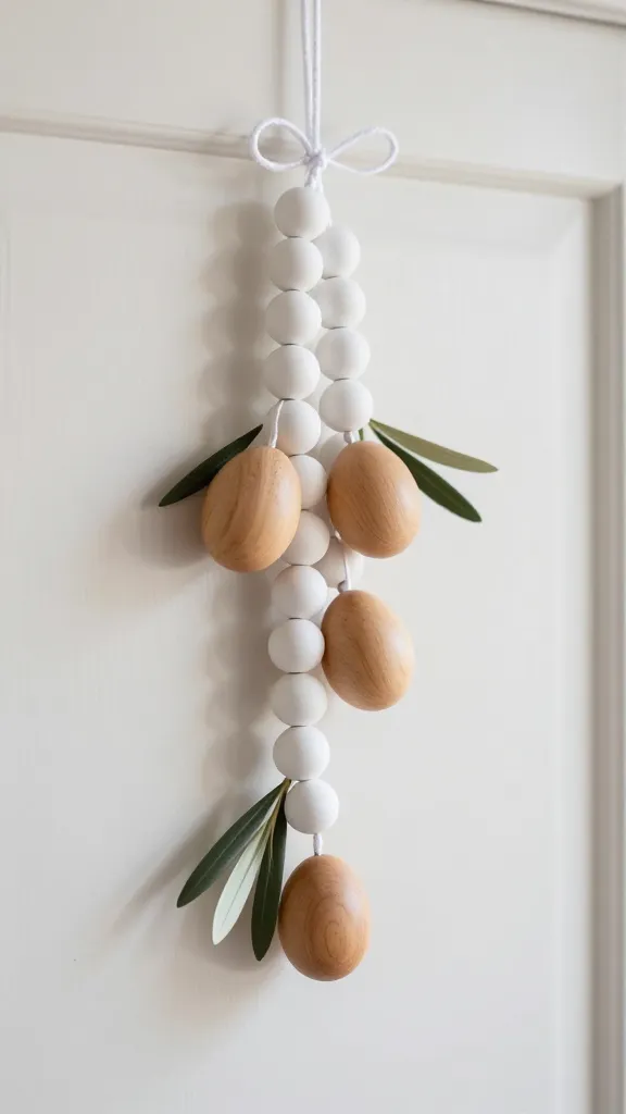 A close-up, high-resolution, realistic photograph of a minimalist Easter door garland, elegantly suspended against a subtly blurred, light-colored door. The garland consists of a single strand of smooth, matte white wooden beads, artfully interspersed with just three natural light-brown wooden eggs. Two delicate, slender faux olive leaves are subtly integrated among the beads and eggs, adding a touch of muted green. The garland is hung with a simple, refined knot of pristine white twine, emphasizing clean lines and ample negative space. Soft, natural daylight illuminates the scene, highlighting the textures of the wood and the simplicity of the design, conveying a sophisticated and uncluttered aesthetic.