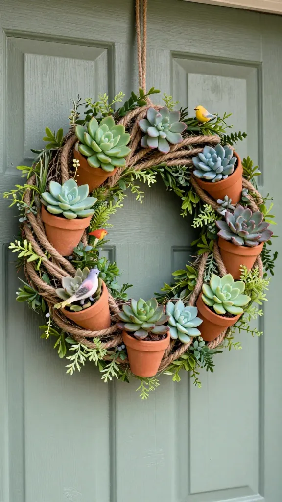 A highly detailed, realistic photograph of a unique DIY Easter door garland, presented at eye-level. The garland is crafted from a thick, natural jute rope, artfully embellished with miniature, unpainted terracotta pots. Each tiny pot holds a lifelike faux succulent, showcasing a variety of species in shades of muted green, blue-grey, and hints of reddish-purple. Lush faux greenery and delicate sprigs are intricately woven throughout the jute and around the pots, creating a vibrant, earthy texture. A few tiny, realistic faux birds with subtle coloring are perched naturally among the succulents and pots. The garland is gracefully draped on a rustic, weathered wooden door, painted in a soft, muted sage green. Soft, diffused natural daylight illuminates the scene, enhancing the textures and casting gentle shadows, creating a fresh, charming, and inviting garden-inspired display. Shallow depth of field, sharp focus on the garland.