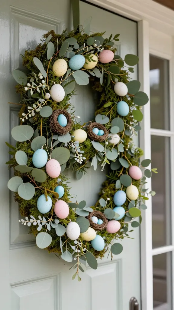 A high-quality, realistic outdoor photograph of a whimsical Easter garland elegantly draped around a beautifully painted wooden front door. The substantial garland base is composed of lush eucalyptus branches and rich faux moss, creating a natural, woodland feel. Delicately nestled within the foliage are numerous pastel-colored eggs in shades of pale robin's egg blue, soft blush pink, and creamy white; some are plain, while others feature subtle speckles. Several tiny, intricately crafted faux bird nests, each holding miniature blue eggs, are tucked amongst the leaves. The scene is illuminated by soft, natural daylight, highlighting the gentle textures and innocent charm of this fairytale-inspired entryway. The focus is sharp on the garland, with a subtly blurred background of the inviting house exterior.