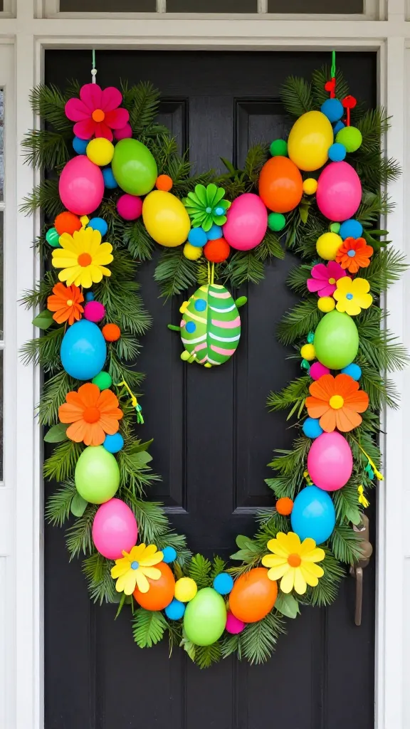 A vibrant, eye-catching Easter garland draped festively around a welcoming front door, exuding a 'fiesta' atmosphere. The garland bursts with an energetic mix of hot pink, electric orange, lime green, sunny yellow, and sky blue. It features a minimalist, fresh greenery base, serving as a backdrop for large, brightly colored plastic or painted wooden eggs. Intertwined throughout are playful, fluffy pom-pom garlands in matching vivid hues, alongside charming, handmade-looking paper flowers that complement the overall vibrant palette. The entire arrangement radiates joy and cheer, making the entrance undeniably festive and inviting. Shot in natural daylight, emphasizing the rich textures and brilliant colors. Realistic, high-resolution photograph.