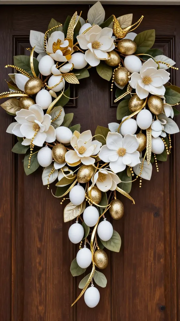 A high-angle, close-up, realistic photograph of a luxurious outdoor Easter garland draped elegantly across the top and down one side of a rich, dark mahogany front door. The garland is exceptionally lush, crafted from realistic faux magnolia leaves. Interspersed within the foliage are a mix of smooth matte white eggs and shimmering gold glitter eggs, varying slightly in size. Delicate, thin gold wire ribbons are gracefully woven throughout, forming subtle loops and bows that catch the light. Strategically placed are sparkling gold-dusted faux orchid blooms, adding an opulent touch. Small, elegant gold bird figurines are nestled among the leaves, and tiny strands of delicate gold beads subtly drape, reflecting the soft, natural daylight. The overall aesthetic is monochromatic white and gold, exuding sophisticated glamour and refinement. Shot with a shallow depth of field, focusing sharply on the intricate details of the garland.