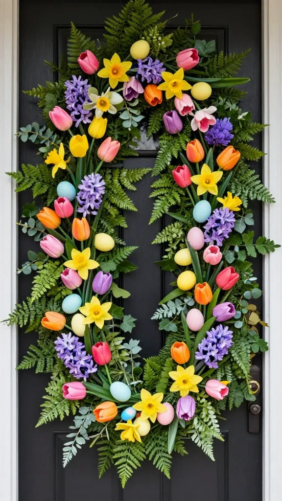 A realistic, high-quality photograph of a vibrant, lush outdoor Easter garland draped around a beautiful front door. The garland is a "Spring Bloom Extravaganza," bursting with life and color, celebrating nature's awakening. It features a dense base of varied faux greenery, including ferns, ivy, and eucalyptus. Abundant clusters of realistic faux tulips in various spring colors (such as vibrant pinks, yellows, oranges, and purples) are prominently displayed. Bright yellow daffodils and delicate purple hyacinths are artfully interspersed throughout. A few subtle, solid-colored pastel eggs (e.g., soft blue, pale yellow, light pink) are discreetly tucked in as charming accents. The scene is bathed in natural daylight, emphasizing the rich textures and fresh spring palette.