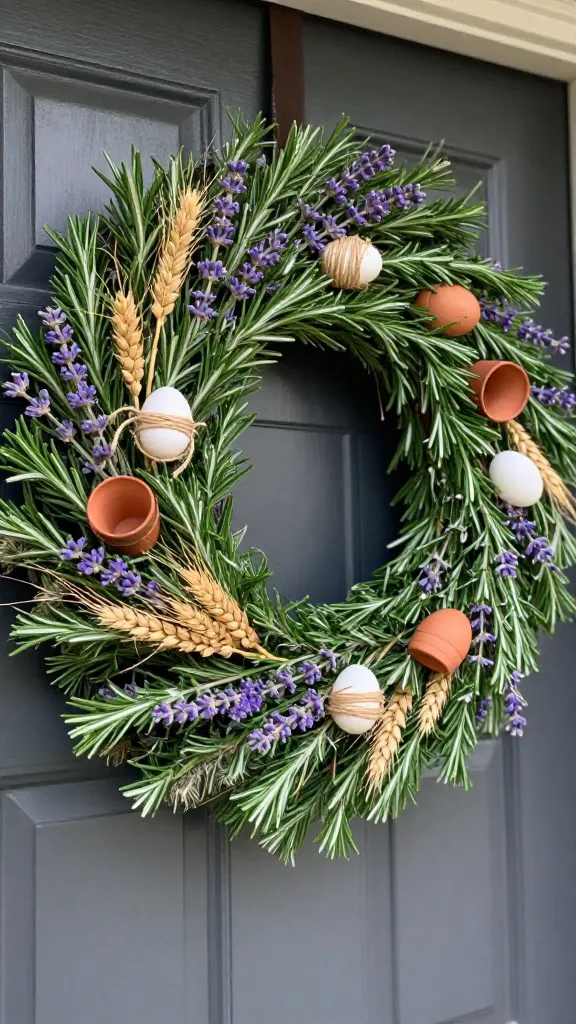 A realistic, high-quality photograph of a sophisticated outdoor Easter garland, richly detailed and hung elegantly on a classic front door. The garland is lush and substantial, crafted from a vibrant base of intertwining real-looking rosemary and soft lavender sprigs, their greens and purples creating a fragrant tapestry. Nestled within the aromatic foliage are small, rustic eggs, some wrapped in natural twine, others smooth and matte white ceramic, subtly placed. Miniature, warm-toned terracotta pots are artfully tucked into the garland, some peeking out, adding an earthy charm. Delicate bundles of golden dried wheat stalks and various natural grasses are intricately woven throughout, providing texture and an organic, unrefined beauty. Soft, natural daylight illuminates the scene, highlighting the intricate details and the fresh, natural elements against the slightly blurred background of an elegant front door.