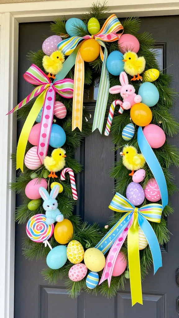 A high-quality, realistic, and vibrantly colored photograph of a festive outdoor Easter garland. The garland, designed for a kid-friendly theme, is draped playfully around a welcoming front door. It features a lush, simple greenery base, heavily adorned with large, brightly colored plastic Easter eggs in a cheerful assortment of primary and pastel shades. Nestled within the greenery and eggs are adorable fluffy yellow chenille chicks and whimsical pipe cleaner bunnies in soft pastel colors. Oversized, faux lollipops with colorful swirl patterns and classic striped candy canes are strategically placed to add a sweet, exaggerated touch. Wide grosgrain ribbons, featuring bold stripes and playful polka dots in multiple bright colors, are tied into cheerful bows and woven throughout the garland. The scene is bathed in bright, natural daylight, creating an inviting, joyful, and utterly adorable atmosphere. No text on image.