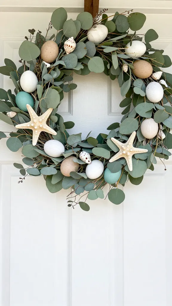 A close-up, high-quality photograph of an elegant Easter garland draped across the top and down the sides of a white-washed front door frame. The garland embodies coastal calm and serenity, featuring a light and airy base of abundant silver dollar eucalyptus and soft green leaves. Nestled within are white-washed wooden eggs and eggs painted in subtle ocean hues of seafoam green, sandy beige, and creamy white. Genuine starfish and various seashells are artfully tucked into the foliage, alongside delicate strands of natural jute or twine. The scene is bathed in soft, natural daylight, highlighting the tranquil textures and refreshing seaside aesthetic.