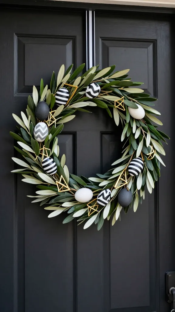 A high-quality, realistic photograph of a sophisticated, modern minimalist Easter garland elegantly draped across a sleek, matte black front door. The garland itself is a sparse, refined faux olive branch, its delicate, muted green leaves creating clean, uncluttered lines. Nestled within the branches are a few carefully placed geometric-patterned Easter eggs: some feature crisp black and white stripes, others subtle grey chevrons, and a few are solid blocks of soft charcoal or ivory. Small, polished brass geometric accents, such as minimalist wire diamond shapes and sleek brass bars, are strategically integrated for a subtle metallic gleam. A thin, crisp black and white striped grosgrain ribbon is sparsely woven through the garland, securing it to the door frame with understated elegance. The scene is bathed in soft, natural daylight, highlighting the clean lines and subtle textures. The background shows a hint of a contemporary home exterior, gently blurred to keep the focus sharply on the stylish, uncluttered garland.