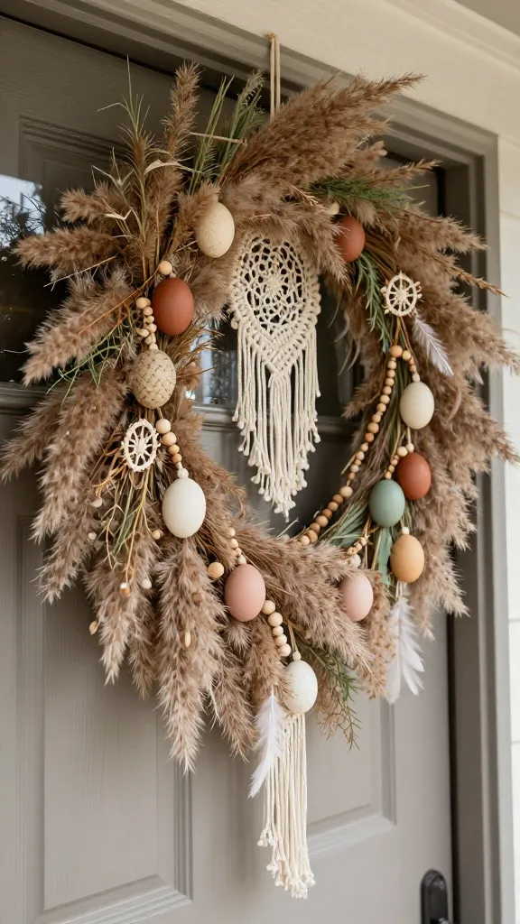 A high-quality, realistic photo of a sophisticated boho-chic outdoor Easter garland draped elegantly around a front door. The garland features a lush base of wispy dried pampas grass and delicate feathery dried greenery in earthy neutrals. Intricate small macrame feathers and mini dreamcatchers in cream and beige are subtly integrated, alongside natural wooden beads strung throughout. Nestled within the garland are Easter eggs hand-painted in a muted palette of cream, beige, terracotta, soft blush, and muted sage green. The scene is bathed in soft, natural daylight, highlighting the organic textures and relaxed bohemian vibe. The front door, possibly light wood or a neutral color, provides a tasteful backdrop, with a hint of an inviting porch setting.