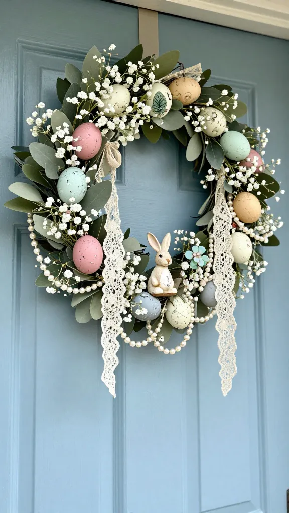 A hyperrealistic, high-resolution close-up photograph of an exquisite vintage-inspired Easter garland. The garland is lush with delicate faux baby's breath and soft sage green leaves, elegantly draped across a classic, slightly weathered pastel blue front door. Interspersed within the foliage are distressed and crackle-finish Easter eggs in muted pastels of dusty rose, faded mint, and creamy beige. Flowing lengths of antique-style ivory lace ribbon with intricate patterns cascade gracefully, alongside multiple strands of faux pearl beads. Tiny, intricately detailed porcelain bunny figurines with a vintage look are nestled among the elements, complemented by small, delicate cameo-like floral embellishments. Soft, diffused natural daylight illuminates the scene, creating a romantic, nostalgic atmosphere with a shallow depth of field, rendering the door slightly blurred in the background. No text.