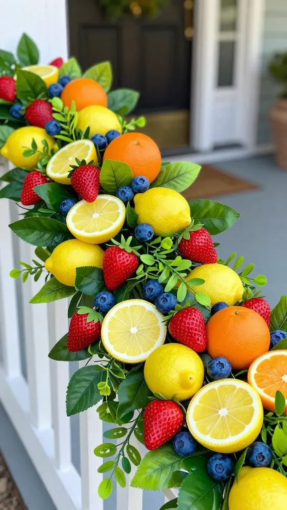 A close-up, high-angle, realistic photo of a vibrant outdoor Easter garland draped across a welcoming front door. The garland features a lush base of faux lemon leaves and various other leafy greens, intricately woven together. Abundant clusters of bright red faux strawberries and deep blue faux blueberries are interspersed throughout, along with artfully placed slices of zesty yellow faux lemons and vibrant orange faux oranges. The fruits and foliage appear incredibly realistic and almost good enough to eat, creating a festive, sweet, and fruity delight. Natural daylight illuminates the scene, with a shallow depth of field softly blurring the background of a charming porch.