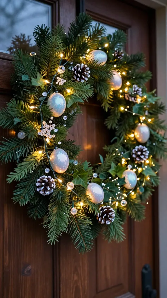 A close-up, high-resolution photograph of an enchanting outdoor Easter garland draped across a rustic wooden front door at twilight. The garland features a dense base of rich, dark green faux foliage, intricately woven with pine, cedar, and ivy. Delicate strands of warm white fairy lights are intertwined throughout, casting a soft, magical glow that highlights the textures. Scattered amongst the foliage are iridescent Easter eggs, catching and reflecting the fading light with a subtle, pearlescent shimmer. Small, sparkling faux crystals and clear glass beads are strategically placed, adding tiny points of brilliance. Silver and white glittered pinecones are nestled within the greenery, contributing to the ethereal, fairy-tale atmosphere. The background is softly blurred, emphasizing the captivating glow of the garland. The overall mood is magical, warm, and inviting, captured with a shallow depth of field and exquisite detail.