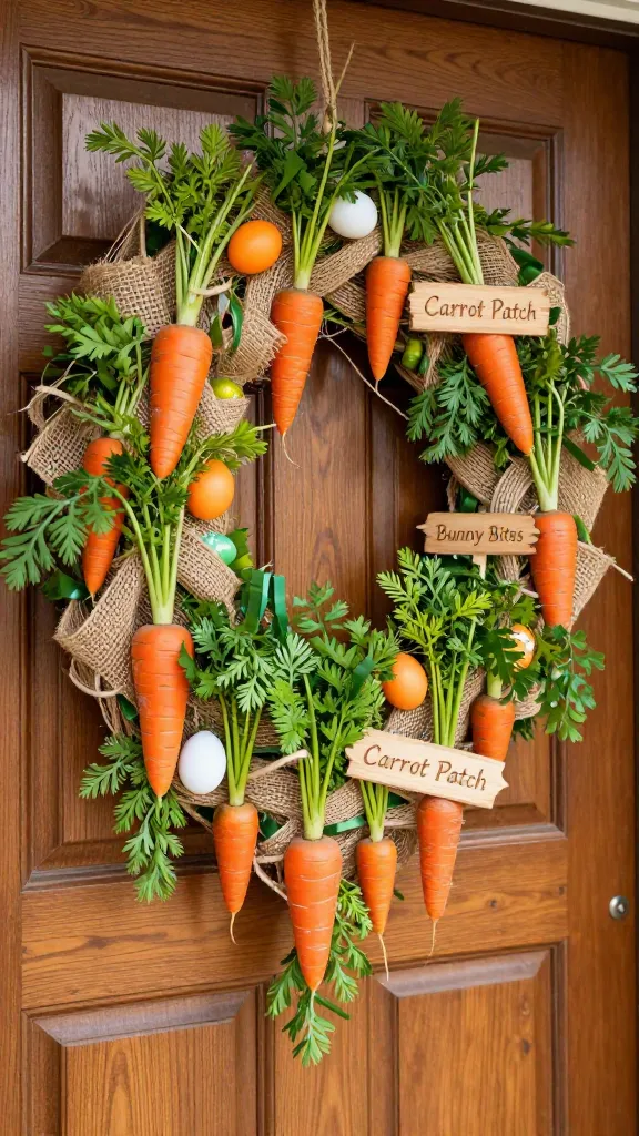 A close-up, high-angle shot of a whimsical "Carrot Patch" Easter garland adorning a classic, warm-toned wooden front door. The garland is intricately crafted from a base of rustic burlap ribbon, generously interwoven with natural jute twine, creating a rich, textural foundation. Numerous faux carrots of various sizes, from small to medium, are artfully nestled within the burlap, each featuring vibrant, realistic green leafy tops that fan out naturally. Tucked among the carrots and greenery are a few small, natural wooden signs, subtly engraved with phrases like "Carrot Patch" and "Bunny Bites," adding to the playful theme. A scattering of simple, matte orange and white eggs are discreetly tucked into the garland, providing gentle pops of complementary color. Wisps of green raffia are delicately woven throughout, enhancing the natural, earthy feel. The scene is bathed in soft, natural daylight, highlighting the textures and colors with a shallow depth of field, blurring the background slightly to emphasize the charming details of the garland. High-quality photograph, realistic, festive, quirky, adorable, no text.