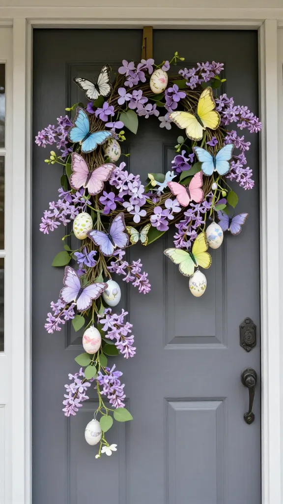 A high-quality, realistic photo capturing an enchanting outdoor Easter garland. This delicate garland is artfully draped over a classic, welcoming front door. Its base is composed of interwoven faux sweet pea vines and soft lilac branches, creating a light and airy structure. Numerous realistic faux butterflies in various sizes, adorned in soft lavender, pale blue, soft yellow, and pink, appear to gently flutter among the foliage. Integrated subtly within the design are Easter eggs, some featuring delicate butterfly wing patterns, others with a subtle iridescent finish. Natural daylight illuminates the scene, highlighting the intricate details and vibrant, spring-like colors. The focus is sharp on the garland, with the front door softly blurred in the background.