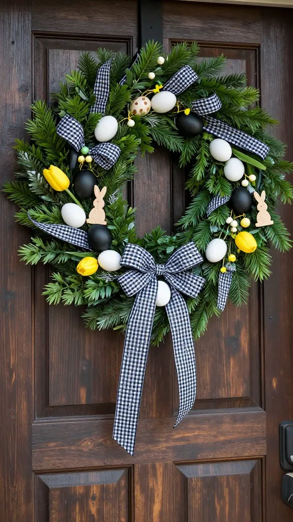 A high-quality, realistic photograph capturing a sophisticated outdoor Easter garland dramatically draped across a dark, rustic wooden front door. The garland's base is a lush, vibrant faux boxwood, generously adorned with wide bows and flowing loops of crisp black and white gingham ribbon. Interspersed amongst the greenery are matte black eggs and pristine white eggs, alongside small, delicate yellow tulips providing unexpected pops of color. A few natural wooden bunny cutouts subtly peek from the foliage. The scene is bathed in soft natural light, highlighting the textures and creating a chic, modern farmhouse aesthetic with excellent depth of field and sharp focus on the intricate details of the garland.