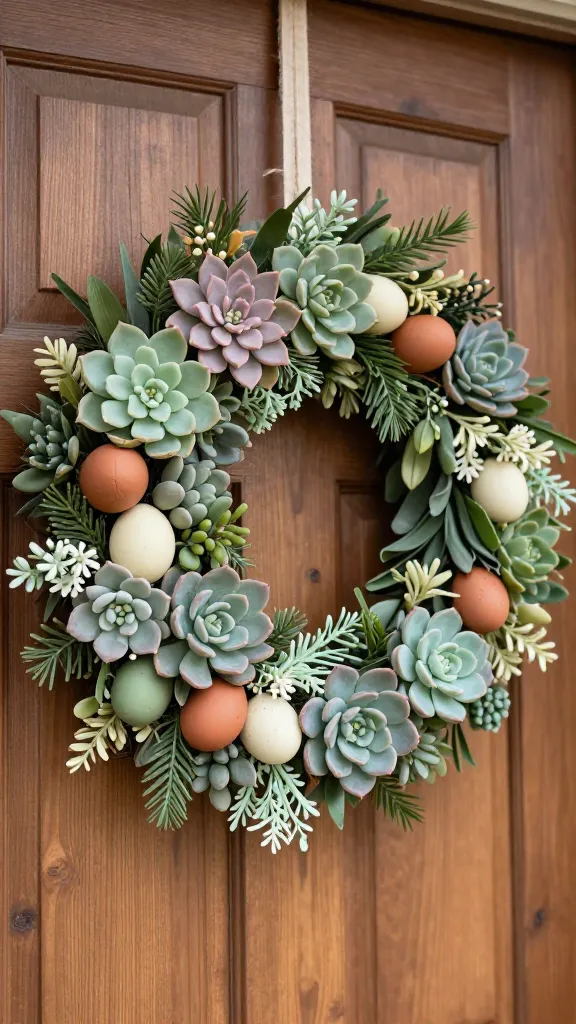 A high-quality, realistic photograph of a modern and earthy Easter garland, featuring hardy faux succulents and delicate desert blooms, artfully draped across a rustic wooden front door. The garland base is a robust faux succulent garland in various sage green hues, accented with individual succulent picks. Small, faux desert blooms, including dusty rose cacti flowers and creamy agave blossoms, are subtly integrated. Easter eggs painted in matte, earthy tones of terra cotta, cream, and muted sage green are nestled among the foliage. The garland is secured with natural twine, presenting a cool, calm, and collected aesthetic under soft natural daylight. Sharp focus on the intricate details of the succulents, blooms, and eggs, with the wooden door providing a warm, blurred background.
