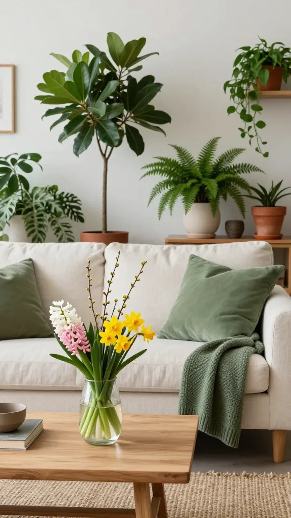 A high-quality, realistic photo of a serene and chic botanical living room, bathed in soft, natural light. A comfortable, off-white linen sofa is the focal point, adorned with sage green and forest green throw pillows. In front of the sofa, a light-toned natural wood coffee table elegantly displays a clear glass vase filled with a vibrant arrangement of early spring blooms: delicate white and pale pink hyacinths, a few slender budding branches, and a cluster of cheerful yellow daffodils, bursting with fresh color. Lush, verdant houseplants in varying sizes, from a tall, leafy fig tree to smaller ferns and trailing Pothos, are artfully placed in earthy terracotta and creamy ceramic planters throughout the room, creating a vibrant indoor garden sanctuary. A subtle forest green knit throw blanket is draped over the arm of the sofa, adding texture. The walls are a crisp off-white, and the floor is covered by a natural jute rug. Wooden decorative accents and a few books are subtly placed, completing the fresh, inviting, and wonderfully calming atmosphere.