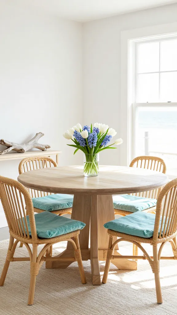 A bright, sun-drenched coastal charm dining nook, perfect for early spring brunches. A round, light-washed wooden dining table is positioned centrally, surrounded by four natural rattan dining chairs with soft aqua linen seat cushions. The room features clean white walls and a subtle, light sandy-toned area rug. Warm, abundant natural light streams in from a large window, creating gentle shadows and illuminating the space. On the dining table, a delicate clear glass vase holds a small, elegant arrangement of fresh white tulips and light blue hyacinths, subtly hinting at early spring bloom. A decorative piece of weathered driftwood rests on a nearby minimalist console, adding an accent of driftwood grey. The overall aesthetic is breezy, airy, and refreshing, evoking a serene beach house atmosphere. Realistic, high-quality interior photography, soft focus on the flowers, no text.