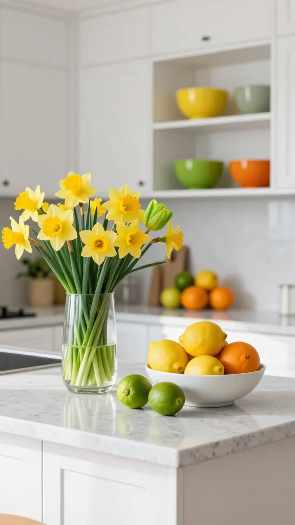 A high-quality, realistic photograph of a modern, sun-drenched kitchen, bursting with early spring cheer. The kitchen features crisp white shaker cabinets and light grey quartz countertops, providing a clean, bright foundation. A generous stream of natural light illuminates the space. On the main island, a clear glass vase holds a vibrant bouquet of early spring blooms, including bright yellow daffodils and fresh green tulips, their petals unfurling. Adjacent to the vase, a collection of fresh lemons, limes, and oranges are artfully arranged in a large white ceramic fruit bowl. Nearby, open shelving displays a curated collection of glossy ceramic bowls in energizing lemon yellow, bright lime green, and warm tangerine orange. The overall ambiance is zesty, cheerful, and invigorating, perfectly capturing a sunny citrus refresh. Professional interior design photography, shallow depth of field, no text.