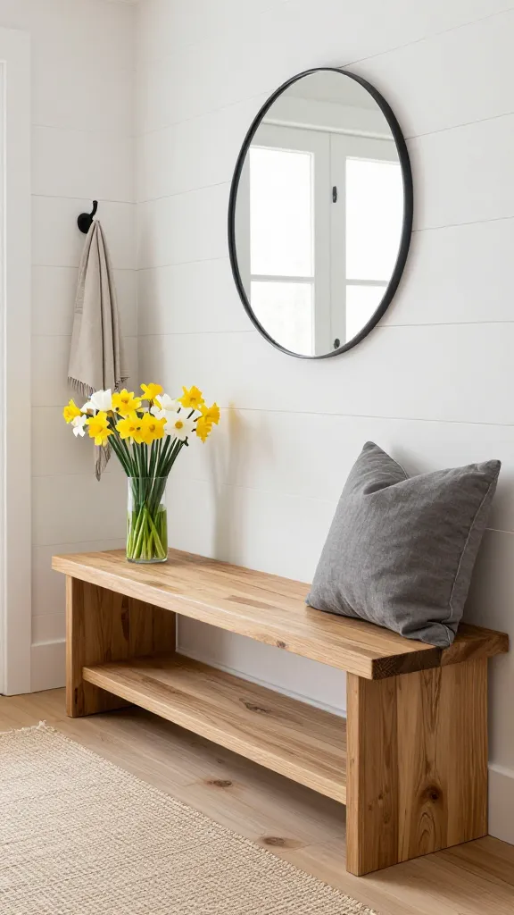 A high-quality, realistic photo of a modern farmhouse entryway, bathed in soft, bright early spring natural light. The walls are crisp white shiplap, providing a clean, airy backdrop. Dominating the scene is a sturdy, warm oak wooden bench with integrated storage underneath, offering both rustic charm and modern functionality. A subtle charcoal grey linen throw pillow rests on one end of the bench. To the left, a slender, clear glass vase proudly displays a vibrant 'Bloom!' of early spring flowers: a cheerful mix of yellow daffodils and white tulips, their fresh colors popping against the neutral palette. Above the bench, a minimalist round mirror with a thin black frame reflects the bright space. The light-toned wooden floor is partially covered by a small, textured natural fiber rug in a soft beige. A simple black metal coat hook is subtly integrated into the shiplap, holding a lightweight spring scarf. The overall aesthetic is inviting, uncluttered, and perfectly blends rustic comfort with clean, contemporary lines, creating a warm first impression. Professional interior photography, sharp focus, natural light, no text.