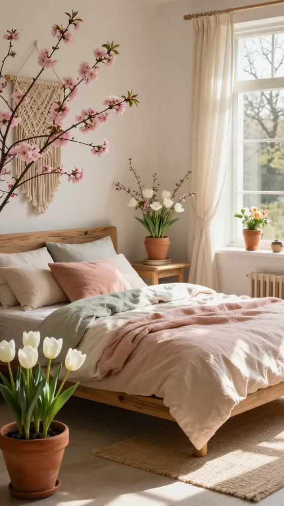 A high-quality, realistic photo of a serene boho garden bedroom retreat bathed in soft, sun-dappled natural light. A low-profile natural wood bed frame is central, dressed with layered linen bedding in muted blush pink, creamy beige, and soft sage green. Potted blooming early spring flowers, such as delicate pink cherry blossoms or white tulips, are artfully arranged on a natural wood bedside table and in a large earthy terracotta planter on the floor, providing vibrant 'bloom' accents. The room features additional earthy terracotta decorative elements, woven rattan accents, and a subtle macrame wall hanging, enhancing the relaxed, free-spirited garden hideaway aesthetic. Sheer, creamy beige curtains gently billow from an open window, suggesting a soft breeze and an inviting, tranquil space.