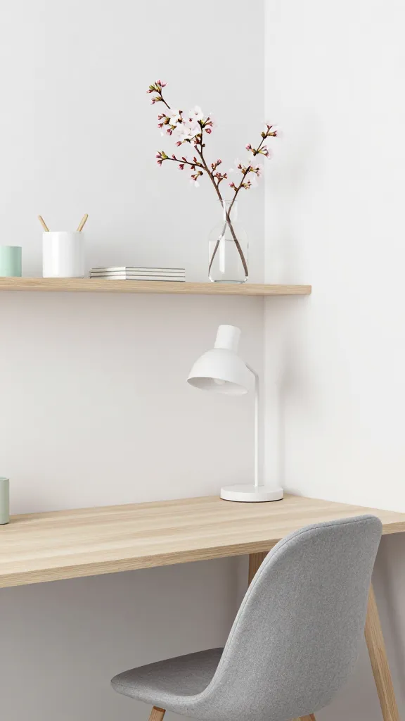 A high-quality, realistic photo of a minimalist Scandinavian office nook bathed in abundant soft natural light. The space features a clean, light birch wood desk against a crisp white wall, paired with a comfortable, ergonomic chair in a soft grey fabric. Above the desk, a simple floating shelf in matching birch wood holds a few curated items: a sleek white ceramic pen holder, a small stack of minimalist notebooks, and a delicate, clear glass vase containing a single branch of early spring cherry blossoms, their pale pink buds just beginning to open. A modern, matte white desk lamp provides subtle task lighting. The overall color palette is dominated by crisp whites, soft greys, and light wood tones, with a subtle hint of pale mint green from a small, understated planter on the shelf. The atmosphere is utterly calming, productive, and exudes a sense of fresh, early spring serenity. No text.