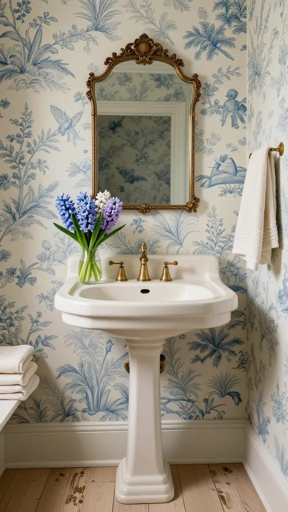 A charming and romantic French Country powder room, captured in a high-resolution, professional interior photograph under soft natural light. The walls are adorned with classic Toile de Jouy wallpaper in muted French blue and creamy off-white. A small, elegant creamy off-white pedestal sink is centered, featuring vintage-style antiqued brass faucets. Above it, an ornate antiqued brass framed mirror reflects the serene space. On the sink counter, a delicate clear glass vase holds a fresh, small bouquet of early spring blooming hyacinths and muscari in soft blues and lavenders, with subtle green foliage. The flooring is distressed light wood in warm beige tones. A small stack of plush creamy off-white hand towels rests on a nearby wall shelf. The scene exudes rustic elegance and delicate charm, embodying a delightful spring surprise.