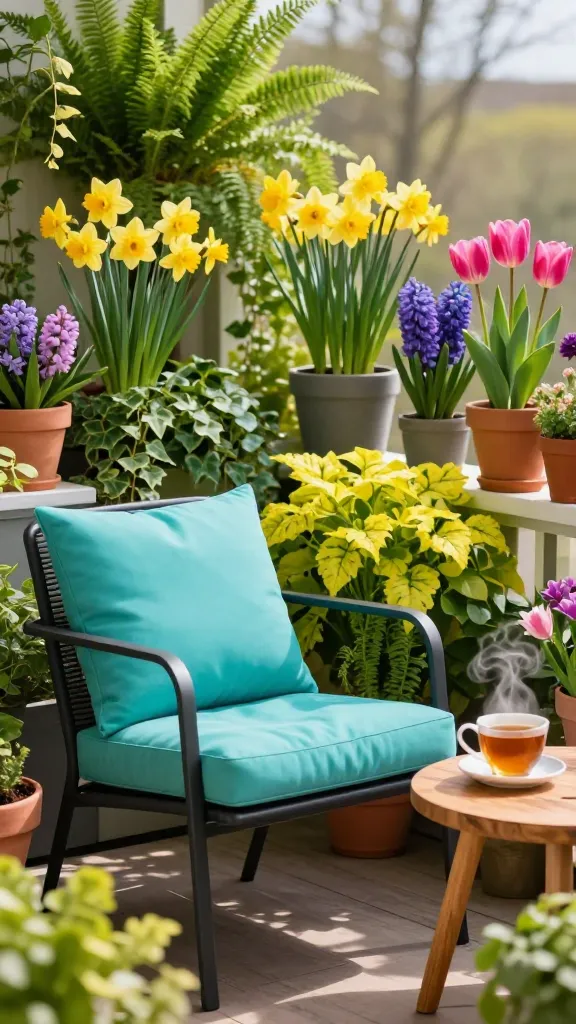 A high-quality, realistic photograph capturing a sun-drenched, vibrant early spring balcony oasis. A comfortable, modern outdoor armchair with a sleek black metal frame is adorned with plump, cheerful turquoise cushions, inviting relaxation. The space is a lush tapestry of greenery, with numerous potted plants showcasing deep emerald green foliage from ferns and trailing ivy, beautifully contrasted by bright chartreuse-colored plants like creeping jenny and sedum. Prominently displayed among the verdant backdrop are vibrant early spring blooms in various terracotta and grey planters, featuring cheerful yellow daffodils, rich purple hyacinths, and bright pink tulips, embodying the "Bloom!" theme. A small, natural wood side table holds a steaming cup of tea, catching the warm morning light. The overall atmosphere is one of serene comfort and lively spring energy, making the balcony feel like a stylish outdoor extension of the home. Shot with a shallow depth of field, natural lighting, no text.