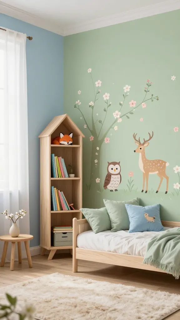 A high-quality, realistic photograph of a whimsical woodland-themed kid's room, bathed in soft, natural early morning light. The walls are painted in a gentle sky blue and a calming soft moss green accent wall. On the moss green wall, delicate wall decals feature friendly forest animals like a sleepy fox, a wise owl, and a graceful deer, subtly intertwined with small, blossoming spring flowers in soft white and pale pink, giving a 'bloom' effect. A charming, stylized tree-shaped bookshelf made of light, warm beige wood stands against the green wall, filled with colorful children's books. A cozy child's bed with creamy white linen bedding is adorned with throw pillows in soft moss green and sky blue, one featuring a subtle embroidered woodland creature. A plush, warm beige rug covers the light wood floor. A small wooden bedside table holds a tiny vase with a few delicate early spring blossoms. A soft, diffused glow from a window with sheer white curtains brightens the room, creating an enchanting, soothing, and playful atmosphere. No text.