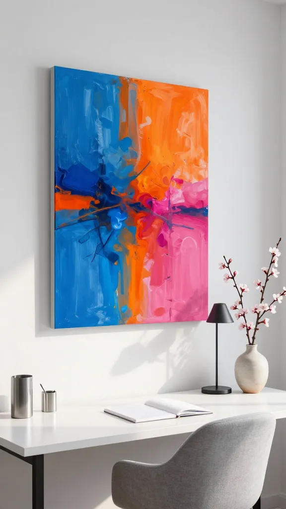 A high-quality, realistic photograph capturing a sophisticated and utterly modern study nook, bathed in the soft, bright natural light of an early spring morning. The focal point is a large, striking abstract artwork mounted on a clean, white wall, showcasing a dynamic interplay of electric blue, fiery orange, and bright magenta brushstrokes. Beneath the artwork, a sleek, minimalist desk with a white lacquered finish and clean lines provides a workspace. A comfortable, light grey fabric desk chair is positioned neatly. On the desk, a modern, matte black table lamp stands beside a small, elegant ceramic vase holding a delicate arrangement of budding cherry blossom branches, their pale pink petals just beginning to unfurl. A minimalist silver pen holder and a crisp white notebook are also present on the desk. The overall space feels energizing and fresh, blending bold artistic expression with thoughtful, clean design, subtly incorporating the essence of early spring renewal. The image should have a shallow depth of field, with sharp focus on the desk area and artwork. No text.