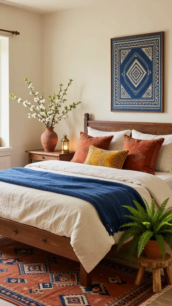 A high-quality, ultra-realistic photograph of a 'Global Nomad Guest Retreat' guest bedroom, bathed in soft, bright early spring daylight. The focal point is a sturdy, dark-toned wooden bed frame with subtle carved details, dressed in natural cream linen sheets. Layers of bedding include a deep indigo blue woven throw blanket with a subtle geometric pattern, and an assortment of decorative pillows in warm terracotta with intricate embroidery, spicy saffron yellow with a textured print, and natural cream with subtle stripes. A hand-knotted kilim rug in shades of terracotta, indigo, and earthy browns grounds the space. On a rustic wooden bedside table, a small, unglazed terracotta vase holds a delicate arrangement of early spring white almond blossoms and fresh green foliage, subtly embodying "Bloom!". Adjacent to it, a small brass lantern casts a warm, inviting glow. The walls are painted a very light, warm cream, allowing natural light to brighten the space. A large, framed textile art piece featuring indigo and cream patterns hangs above the bed. A potted, lush green fern sits on a small carved wooden stool at the foot of the bed. The room feels warm, inviting, and uniquely curated, blending diverse patterns and rich textures with a light, airy freshness perfect for spring. No text.