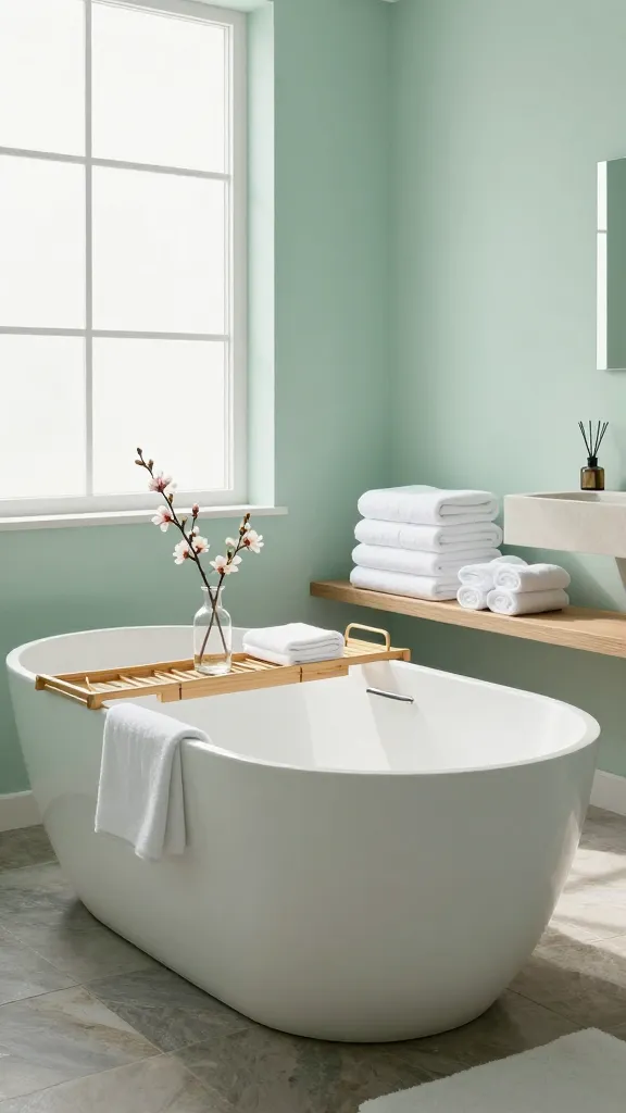 A high-quality, realistic photo of a luxurious, serene spa bathroom sanctuary. A pristine white freestanding bathtub is the elegant focal point, positioned on a natural stone grey floor. The walls are painted in a soothing seafoam green, softly illuminated by abundant natural light streaming through a large, uncluttered window. A warm light wood bamboo bath caddy rests across the tub, holding a delicate glass vase with a single blooming early spring branch, such as cherry blossoms or magnolias, alongside a neatly folded plush white hand towel. Adjacent to the tub, a stack of oversized, fluffy white towels is artfully arranged on a light wood floating shelf. The space is utterly clutter-free, emphasizing minimalist design and tranquility, with a subtle aroma diffuser on a clean stone vanity top. The overall atmosphere is calming and rejuvenating, evoking a sense of peaceful escape. No text.