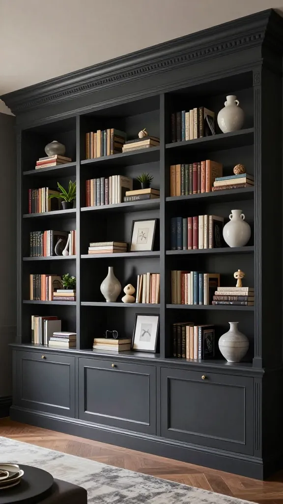 A high-resolution, professional interior photograph of an elegant living room showcasing a stunning, custom-built wall of bookshelves. These are expertly hacked IKEA BILLY bookcases, seamlessly integrated from floor-to-ceiling and wall-to-wall, creating a sophisticated, library-like architectural feature. The entire wall, including the bookcases and surrounding wall, is painted in a rich, deep charcoal monochromatic scheme, giving the impression of bespoke, high-end cabinetry. Decorative crown molding is meticulously added to the tops and sides of the units, enhancing their architectural upgrade and custom feel. The shelves are artfully styled with a curated mix of hardback books, elegant ceramic vases, small sculptural objects, and framed minimalist art, interspersed with a few subtle green plants. Soft, ambient lighting illuminates the space, highlighting the textures and luxurious feel.
