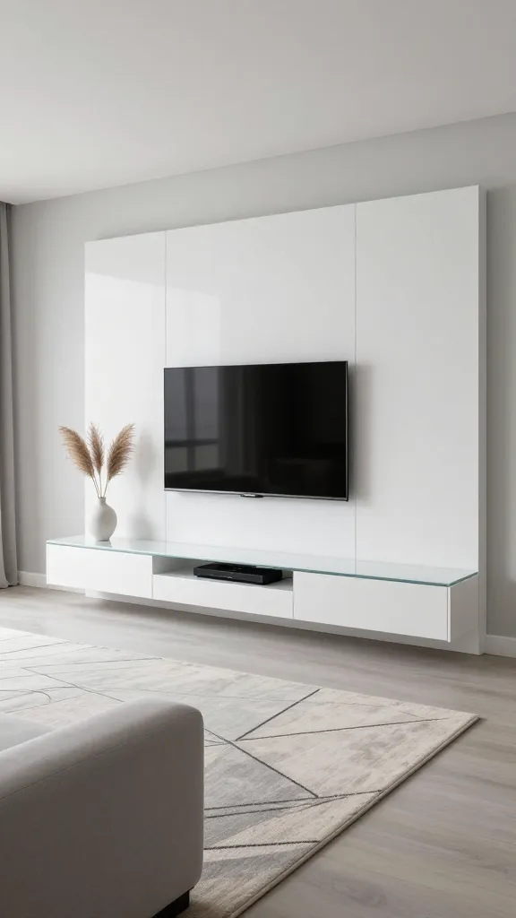 A wide-angle, eye-level shot of a modern minimalist living room. The focal point is a sleek, wall-mounted IKEA BESTÅ TV bench system with high-gloss white doors, completely concealing electronics and media clutter. The surface of the BESTÅ unit is clear, featuring a single, elegant minimalist ceramic vase holding a few dried pampas grass stems. In front of the media center, a low-profile, light gray sofa with clean lines is positioned. A stylish geometric patterned rug in muted tones (e.g., light grey, cream, and subtle black lines) grounds the seating area. The room has an airy, uncluttered feel, with soft natural light streaming in, enhancing the illusion of weightlessness and highlighting the sophisticated simplicity of the design. Professional architectural photography style, high-resolution.