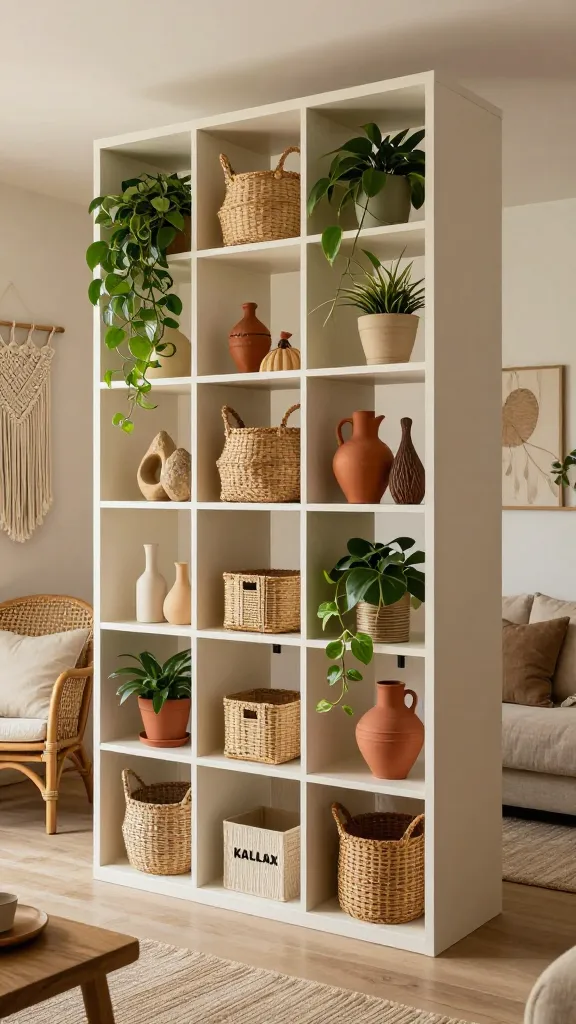 High-resolution, realistic photograph of a large, bohemian-style KALLAX shelving unit acting as a room divider in an open-plan living space. The KALLAX cubbies are artfully arranged: some feature natural woven baskets for hidden storage, others display lush trailing houseplants like Pothos or Philodendron, and a few hold eclectic, globally-inspired decor pieces such as terracotta pottery, carved wooden objects, or small woven textiles. Several cubbies are left intentionally open to maintain an airy feel. The surrounding interior design emphasizes natural textures, including a rattan accent chair, a macrame wall hanging, and linen throw pillows on a low-profile sofa. The color scheme is warm and earthy, with dominant beiges, creams, and muted browns, punctuated by pops of rich terracotta in decorative accents and subtle olive green in textiles or plant pots. Soft, diffused natural light illuminates the scene, creating an inviting, free-spirited, and well-curated atmosphere.