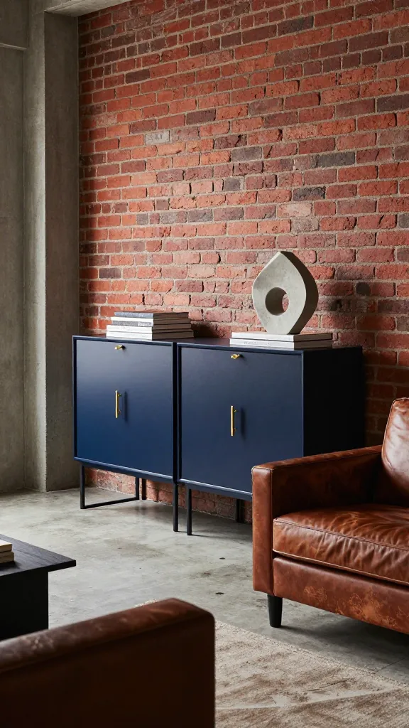 A high-quality, realistic, wide-angle photograph of an industrial chic living room in a modern bachelor pad loft apartment. The centerpiece features two IKEA IVAR cabinets, custom-painted in a deep matte navy finish. They stand on sleek, minimalist black metal legs and are outfitted with elegant brass pull handles. On their dark surfaces, a curated display includes a stack of large, design-oriented art books and a smooth, abstract concrete sculpture. These cabinets are positioned against a textured, exposed red brick wall. Adjacent to them, a luxurious, dark brown distressed leather sofa invites relaxation. The room incorporates subtle concrete accents, like a small side table, and features polished concrete flooring. Natural light illuminates the space, highlighting the sophisticated mix of raw materials and refined design elements. The atmosphere is bold, masculine, and exudes an expensive, curated aesthetic. No text on image.