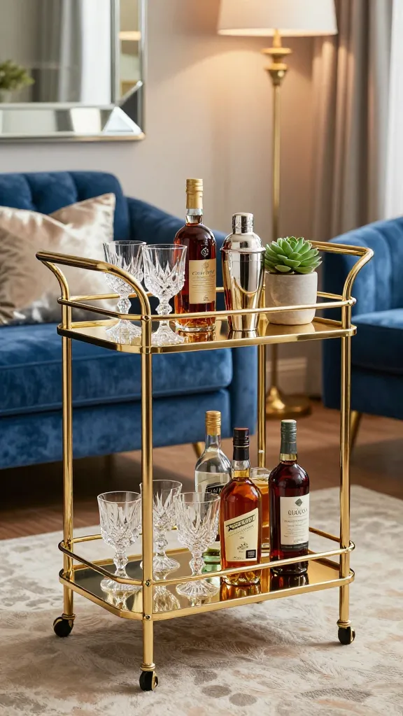 A high-quality, realistic photo of a glamorous metallic gold Ikea RÅSKOG utility cart, meticulously transformed into a chic bar cart, positioned in a luxurious living room. The cart is artfully stocked with sparkling crystal glassware, premium liquor bottles, a sophisticated silver cocktail shaker, and a small, vibrant potted succulent on the top shelf. In the background, a partial view of a plush sapphire blue velvet armchair is visible, alongside a decorative mirrored surface reflecting soft, warm ambient light. A shimmering silk throw pillow rests on the armchair, contributing to the opulent, Hollywood Regency aesthetic. The scene is bathed in elegant, inviting light, highlighting the sophisticated sparkle of the bar cart and its contents. Sharp focus on the bar cart with a gently blurred background.