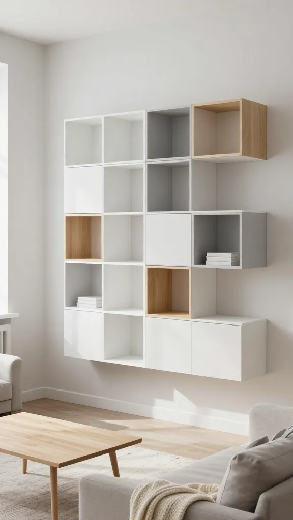 A high-angle, realistic, professional photograph capturing a bright and airy Scandinavian living room. The focal point is a dynamic, artfully arranged, floating wall display of Ikea EKET storage cubes. The modular arrangement features a mix of open shelves and closed cabinets in varying sizes, predominantly in crisp white and light gray, with a few natural light wood finish cubes subtly integrated to add warmth. Soft, natural light streams in from a large window, illuminating the clean lines and creating a serene atmosphere. Below the EKET display, a minimalist light wood coffee table sits on a light-colored, textured rug. A comfortable, light-toned sofa or armchair adorned with a cozy, cream-colored knit throw is partially visible, inviting relaxation. The overall color palette is muted and serene, featuring whites, light grays, and natural wood tones, emphasizing understated elegance and functionality. The room exudes simplicity, order, and a calm, Nordic vibe. No text on images.