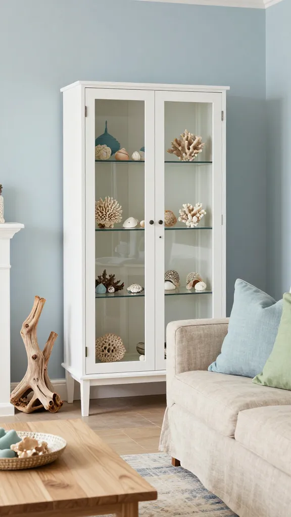 A high-quality, realistic photograph capturing a serene coastal-inspired living room. The centerpiece is a crisp white IKEA HEMNES glass-door cabinet, its clear panels revealing a meticulously arranged display of delicate coral pieces, various shell collections, and curated beach-inspired decor. Adjacent, a comfortable sofa upholstered in natural linen sits, adorned with throw pillows in shades of soft blue and muted green. Driftwood accents are thoughtfully placed on a nearby light-toned wooden coffee table. The room's palette is dominated by soothing blues, gentle greens, and warm sandy neutrals, creating a tranquil and relaxed yet refined atmosphere. Soft, diffused natural light streams into the space, highlighting the textures of the linen and the subtle gleam of the glass. The overall scene evokes a peaceful seaside retreat. No text.