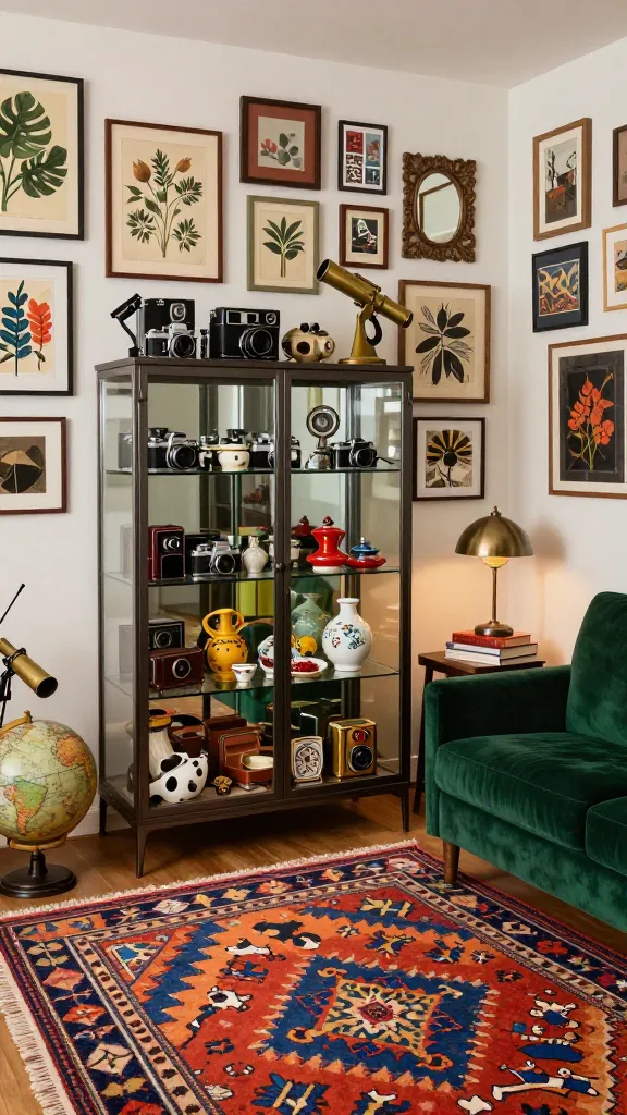 A high-quality, realistic photo capturing an eclectic collector's corner in a living room. The focal point is an Ikea FABRIKÖR glass-door cabinet, filled with a meticulously arranged display of vintage film cameras, quirky ceramic curiosities, and small antique travel souvenirs. The cabinet's dark metal frame and glass panels beautifully highlight these treasures. Behind and extending to the side of the FABRIKÖR, a dynamic gallery wall features an array of framed art in various sizes and styles – including vintage botanical prints, abstract pieces, and framed postcards – interspersed with unique small mirrors. On the floor, a vibrant, multi-patterned Moroccan boucherouite rug adds a burst of color and texture. Nearby, a plush velvet armchair in a deep jewel tone (e.g., emerald green) offers a cozy spot, accompanied by a small, dark wood side table holding a unique, industrial-style desk lamp and a stack of well-loved books. Various flea market finds, such as an antique brass telescope and a decorative globe, are artfully placed around the corner. The room is a celebration of individuality, showcasing a rich tapestry of mixed patterns, textures, and colors, with warm ambient lighting enhancing the curated, story-rich atmosphere. No text.