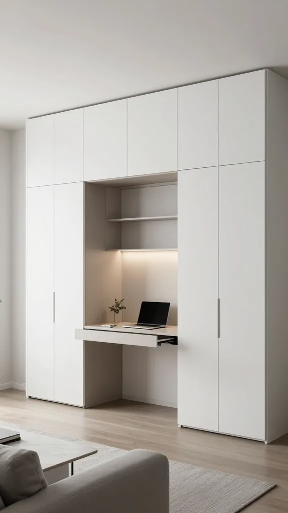 A high-quality, realistic photograph of a sophisticated, modern living room showcasing a bespoke IKEA PLATSA storage system. The main focus is a cleverly concealed home office nook. The PLATSA unit spans a significant portion of the wall, featuring pristine, seamless matte white door fronts that reach from floor to ceiling, blending impeccably with the light, neutral-toned wall. One section of the PLATSA unit is elegantly ajar, revealing a compact yet highly functional workspace within. A sleek, integrated pull-out desk is fully extended, neatly organized with a minimalist laptop, a small designer notebook, and a single, delicate plant. Above the desk, interior shelving and subtle overhead cabinets are visible, providing discreet storage. The lighting inside the nook is soft and inviting, contrasting with the bright, natural light flooding the rest of the living room, which features a plush, light grey sofa and a contemporary coffee table, subtly indicating the room's primary use. The overall scene exudes an expensive, minimalist aesthetic, highlighting intelligent space utilization and seamless design. No text on image.