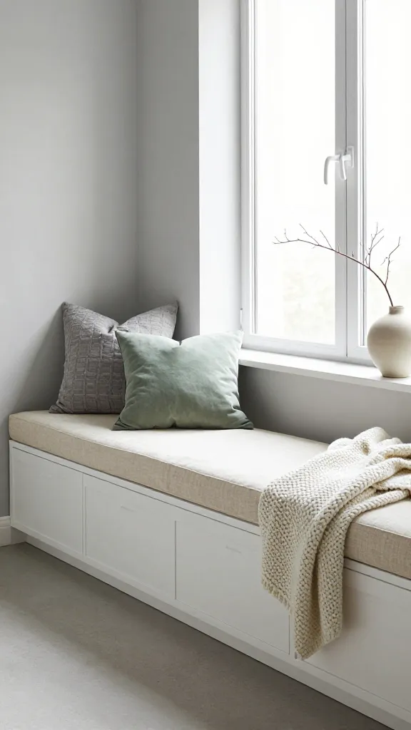 A high-quality, realistic photograph capturing a chic and inviting window seat integrated into a modern living room. Several white Ikea BESTÅ TV benches, configured with a mix of sleek drawers and seamless doors, are perfectly aligned to form the base of the window seat under a large, sunlit window. A custom-made, thick natural linen cushion in a muted cream color tops the entire length of the benches, creating a comfortable seating area. Two plush, textured throw pillows in complementary soft grey and sage green hues are artfully arranged on the cushion. A luxurious, chunky knit throw blanket in an off-white color is draped casually over one end, hinting at cozy comfort. The window frame is thin and modern, allowing ample natural light to flood the space. On the windowsill, a minimalist ceramic vase holds a single delicate branch. The surrounding walls are painted a sophisticated light greige, and the overall aesthetic is clean, functional, and exudes an expensive, well-designed feel.