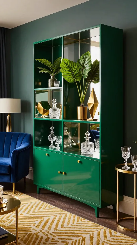 A luxurious Art Deco living room scene, featuring a prominent KALLAX unit. The KALLAX is painted a deep, lustrous emerald green, with mirrored panels meticulously applied to the back of each cubby, reflecting light. Inside the cubbies, an arrangement of elegant gold geometric sculptures, antique cut-glass decanters, and vibrant, lush faux philodendron plants are artfully displayed. Adjacent to the KALLAX, a sumptuous sapphire blue velvet sofa with brass legs adds to the opulent feel. Brass accent tables hold more vintage glassware and a sleek, gold-framed mirror. The room is adorned with a rug featuring a bold, symmetrical Art Deco pattern in gold and cream. Soft, ambient lighting highlights the sparkle from the mirrored surfaces and polished brass, creating a dramatic and high-end atmosphere. Realistic, high-quality photo, no text.