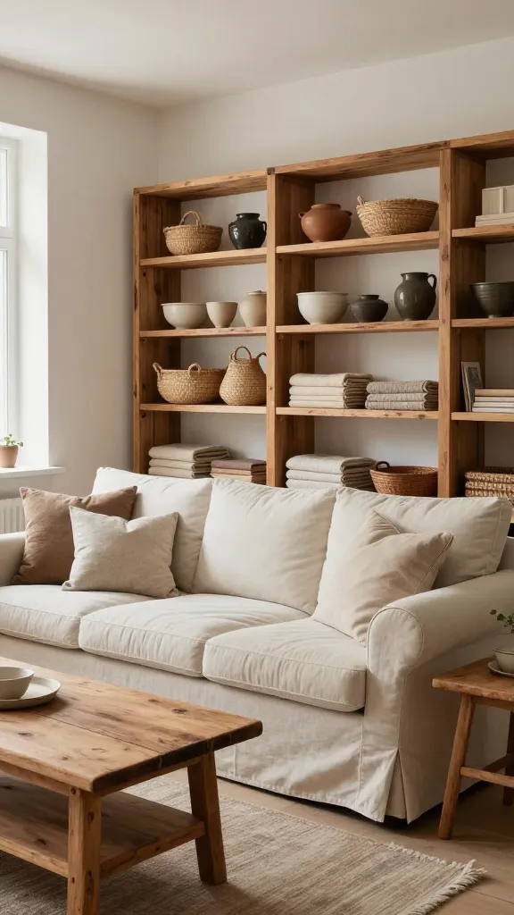 A high-quality, realistic interior photograph capturing a rustic farmhouse living room bathed in abundant natural light. The focal point is a series of untreated IKEA IVAR shelving units, clearly visible as storage, which have been sanded and treated with a clear wax or light stain to enhance their natural wood grain. These shelves are artfully arranged with a collection of vintage pottery, various woven baskets in different sizes, and neatly stacked cozy throws. Adjacent to the IVAR shelving, a comfortable, light-colored slipcovered sofa with plump cushions invites relaxation. In front of the sofa sits a distressed wood coffee table, and a matching distressed wood side table is placed nearby. The room exudes a warm, inviting, and unpretentious atmosphere, celebrating simplicity and natural beauty. No text on image.