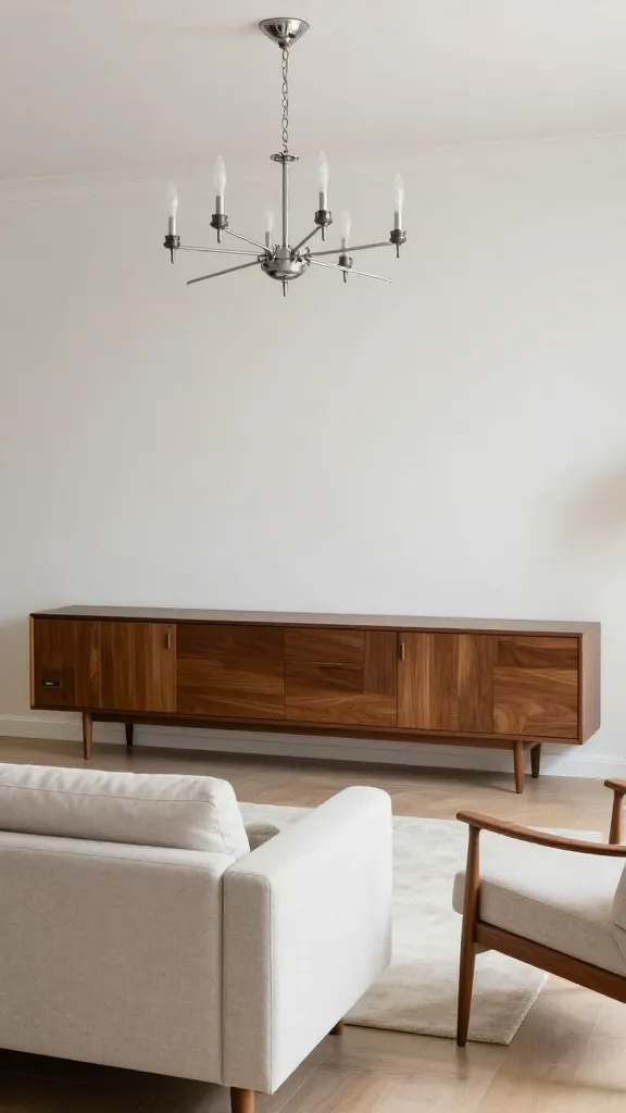 A high-quality, realistic photo capturing a sophisticated mid-century modern living room. The central feature is a long, low IKEA BESTÅ cabinet unit, transformed with sleek, handle-less doors and elevated on dark wood, tapered wooden legs, giving it a custom-designed, upscale appearance. The room is furnished with a clean-lined, minimalist sofa, an elegant armchair featuring exposed wooden arms and frame, and a prominent Sputnik chandelier hanging from the ceiling. The overall aesthetic is timeless, elegant, and uncluttered, showcasing the elevated, luxurious feel of the modified BESTÅ.