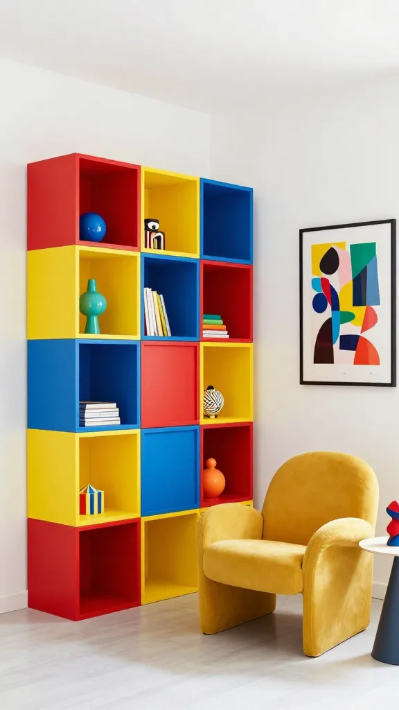 High-resolution, realistic photo of a vibrant, playful Pop Art-inspired living room corner. The focal point is an eye-catching, asymmetrical wall arrangement of IKEA EKET storage cubes in bold primary colors: bright red, electric blue, and sunny yellow. Some cubes are open, displaying quirky, colorful decorative items and a few neatly stacked books. The wall behind the EKET display is a clean, bright white. Adjacent, a large framed graphic art print with abstract, geometric shapes and vibrant hues hangs. Below, a sculptural, modern armchair with an interesting, unconventional shape in a complementary mustard yellow sits, accompanied by a small, minimalist side table holding a unique, colorful art piece. The room is bathed in bright, natural light, emphasizing the sharp contrasts and playful individuality of the space. Professional interior photography, wide-angle shot, no text.