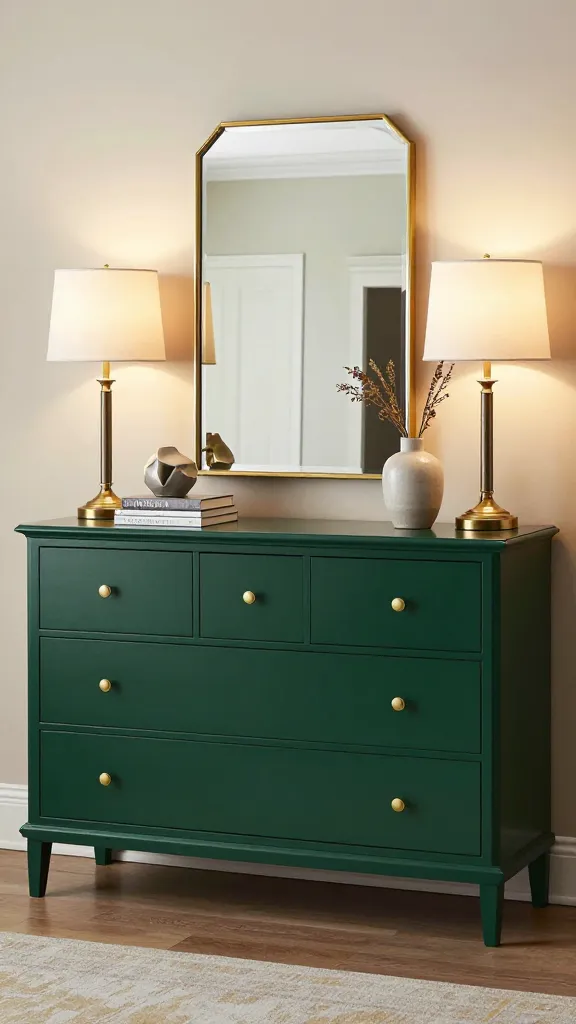 A high-quality, realistic photo of a sophisticated living room sideboard. The main subject is a HEMNES 3-drawer dresser, expertly repurposed and painted a deep, rich forest green. It features elegant brass pulls on all drawers. Centered above the dresser is a large, decorative mirror with a thin brass frame. A symmetrical pair of elegant table lamps with warm, ambient light flank the mirror. The surface of the sideboard is tastefully styled with a curated collection of decorative objects, including a small stack of art books, a minimalist ceramic vase with dried botanicals, and a sculptural piece. The overall scene exudes traditional charm and an expensive aesthetic within a well-appointed living room, with soft, inviting lighting.