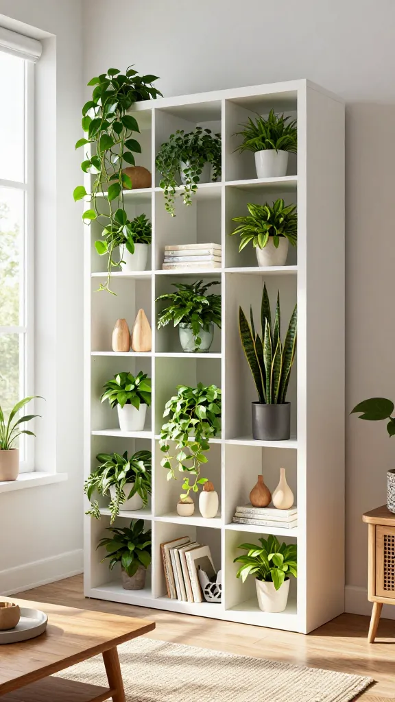 A realistic, high-quality photo of a tall, white IKEA KALLAX shelving unit, transformed into a vibrant urban jungle vertical garden and display shelf, serving as a lush focal point in a bright, sunlit living room. Multiple cubbies are dedicated to a diverse collection of houseplants, featuring long, trailing Pothos cascading gracefully downwards, upright, structural Snake Plants, and various other green foliage, creating a rich tapestry of textures. Interspersed among the plants, other cubbies hold curated stacks of books and minimalist natural wood decorative objects, adding warmth and balance. The KALLAX unit is positioned near a large window, allowing abundant natural sunlight to stream in and illuminate the greenery. In the foreground, a natural wood coffee table rests on a textured, light-colored woven rug, complementing the organic, calming energy of the space.