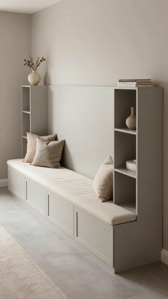 A high-angle, medium shot of a custom-built, luxurious built-in bench in a modern, Scandinavian-inspired living room. The seamless bench unit, constructed from modified IKEA PLATSA low cabinets for seating and taller PLATSA units at each end for storage, extends elegantly along a light greige wall. The entire PLATSA structure, including a perfectly integrated back panel, is painted precisely the same light greige as the wall, creating a truly bespoke, high-end finish. A plush, custom-fitted top cushion in a textured cream boucle fabric spans the entire length of the bench. A few carefully placed decorative throw pillows in complementary muted tones enhance comfort. Subtle, minimalist decor items like a ceramic vase with dried botanicals and a stack of design books are artfully arranged on the taller end units. Soft natural light illuminates the space, emphasizing the cohesive design and luxurious feel.