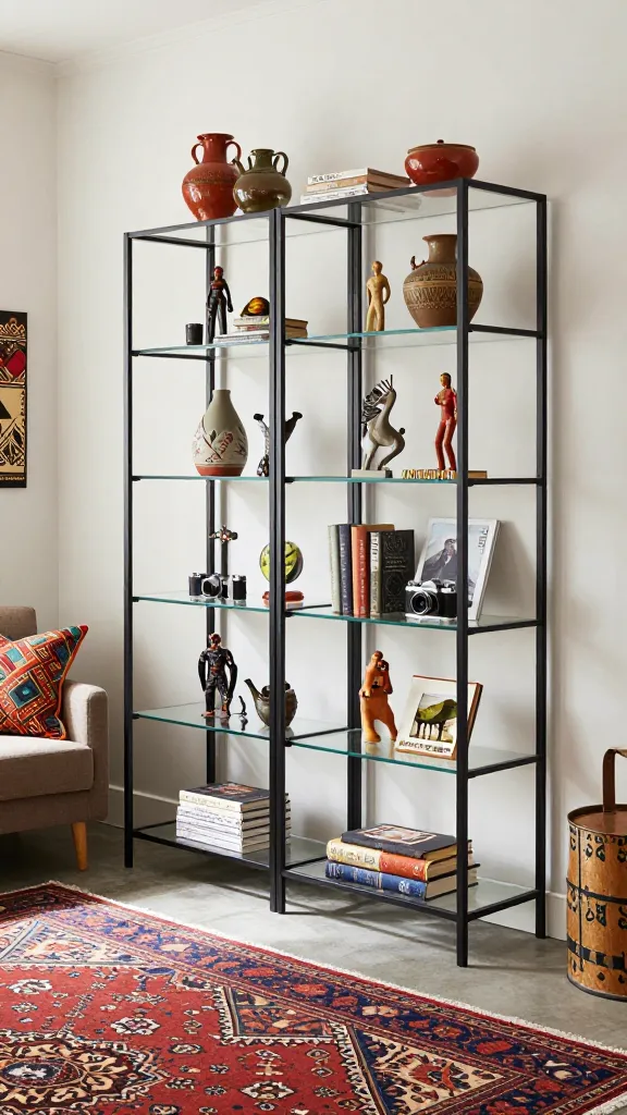 A high-quality, realistic photo of an elegantly styled living room, showcasing an Ikea VITTSJÖ shelving unit with a sleek black metal frame and clear glass shelves as the central feature. The shelves are meticulously arranged with a curated display of diverse global travel souvenirs: handcrafted pottery, small intricate sculptures, unique trinkets, vintage cameras, stacked photo albums, and a selection of well-worn books with culturally rich covers, all telling a personal story of adventure. The open design of the unit maintains a light and airy feel within the space. Adjacent to the shelving, a comfortable sofa or armchair is adorned with vibrant Indian block print cushions, while a richly patterned Moroccan rug grounds the floor, adding warmth and texture. On the wall nearby, an ethnic-inspired piece of art complements the global traveler aesthetic. The room is bathed in soft, natural light, highlighting the intricate details and creating a sophisticated, curated gallery atmosphere. No text.