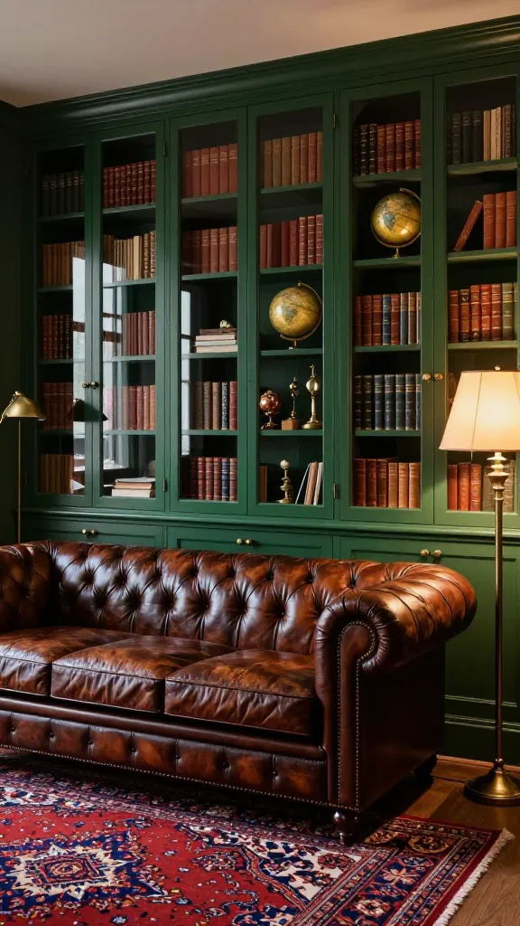 A medium shot, eye-level, high-quality photograph of a sophisticated dark academia den. The centerpiece is a wall of IKEA BILLY bookcases fitted with OXBERG glass doors, all painted a deep, matte forest green. The shelves are artfully arranged with an abundance of leather-bound books, antique brass globes, and intriguing curiosities. A classic Chesterfield sofa in rich, distressed brown leather sits invitingly in front, partially covering a vibrant, intricate Persian rug with deep red and blue tones. Warm, ambient lighting from a vintage brass desk lamp and a floor lamp creates a cozy, enveloping atmosphere, highlighting the intellectual and elegant ambiance of the private study.